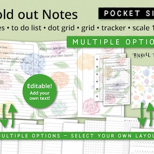 May include: A set of printable pocket-sized note pages with multiple layout options. The pages feature a floral design with pink, blue, and yellow flowers. The text on the page reads "Fold out Notes" and "Multiple Options - Select Your Own Layout".