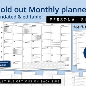 May include: A black and white printable monthly planner with the text "Fold out Monthly planner Undated & editable! PERSONAL SIZE BIGRELL DESIGN Version 2a" and "Dotted and clear both included! MULTIPLE OPTIONS ON BACK SIDE".