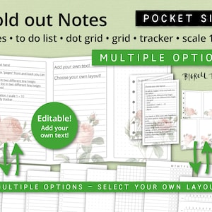 Puede incluir: Un conjunto de seis páginas de planificador imprimibles de bolsillo con múltiples opciones de diseño. Las páginas presentan un diseño floral con rosas rosas y hojas verdes. Las páginas incluyen líneas, listas de tareas, cuadrículas de puntos y una escala del 1 al 10. El texto "Fold out Notes" y "Multiple Options" se muestra en la parte superior de la imagen. El texto "BIGRELL DESIGN" se muestra en la esquina superior derecha de la imagen.