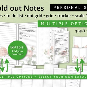 May include: A set of printable fold-out note pages with multiple options for organisation. The pages feature a floral design with roses and include lines, to-do lists, dot grids, and a scale of 1-10. The text "Fold out Notes" and "Personal Size" is at the top of the image. The text "Multiple Options" is at the bottom of the image.