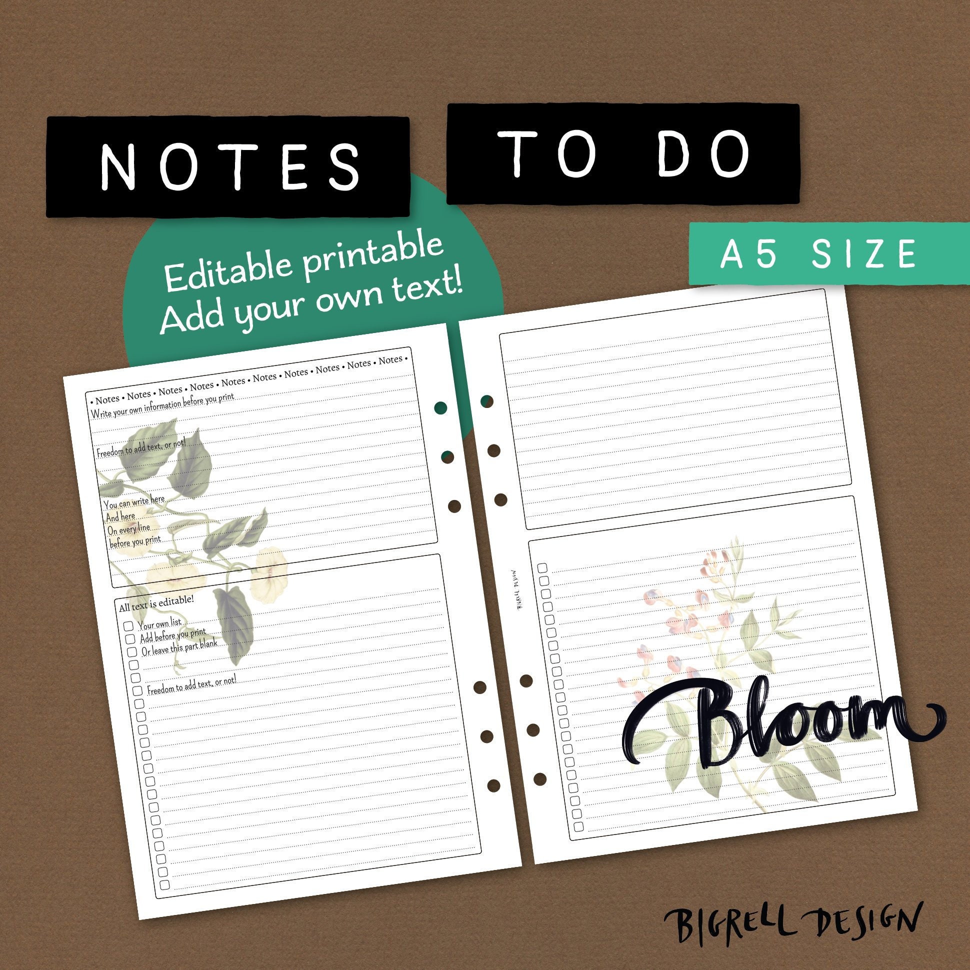 Notes and To do-list. Editable printable notepaper and list making insert. Use blank or add your own text/headlines. A5 size. NALE BL