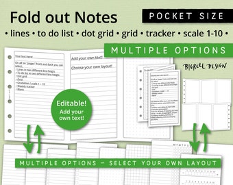 Notes dépliantes modifiables. Lignes, à faire, grille de points, grille, tracker, échelle 1-10. Sélectionnez votre mise en page, ajoutez votre texte. format de poche filofax. fn Kcl