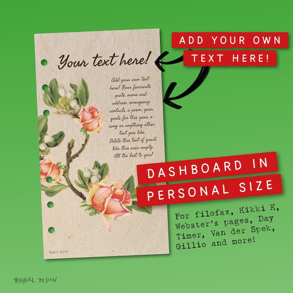 Dashboard. Vintage florals and pretty script. Personal size. Editable printable. Add your own text. For Filofax, Kikki K etc. HEBA BL