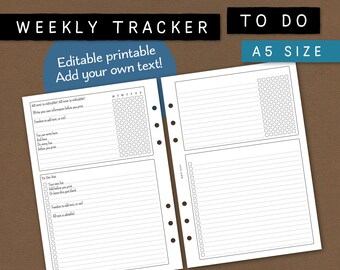 Suivi hebdomadaire et liste de tâches. Papier à notes imprimable modifiable et insert de création de liste. Utilisez du blanc ou ajoutez votre propre texte. Format A5. NAWD CL