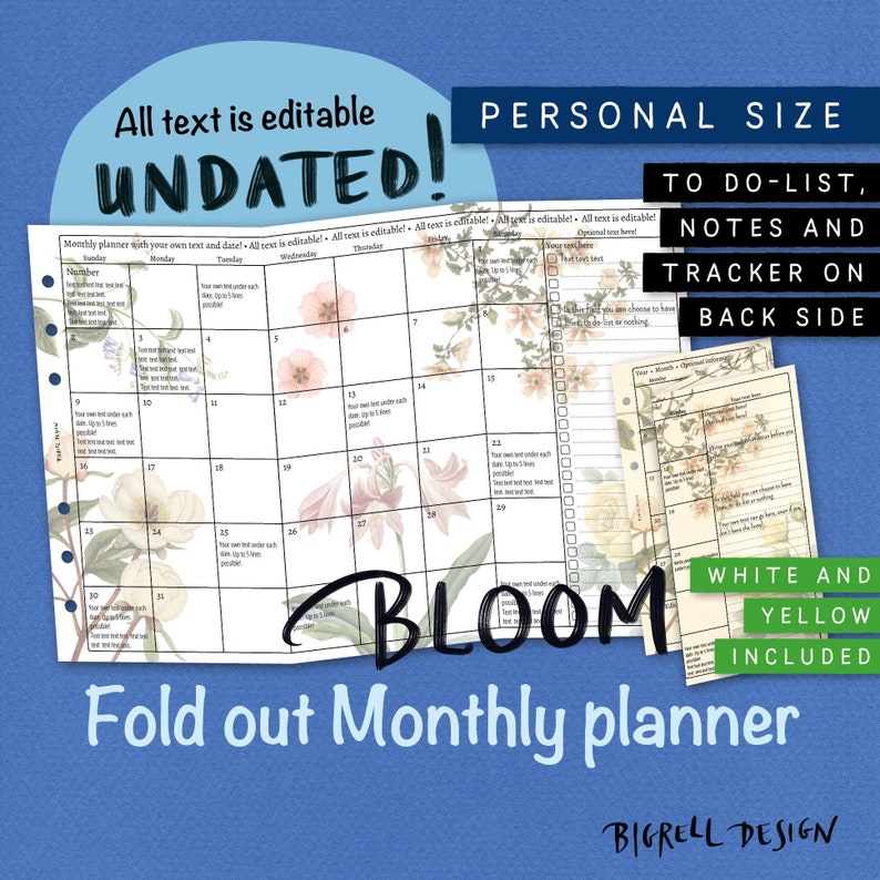 Foldout Monthly planner. Editable, Undated, Printable, Calendar, Planner, Insert. Add your own text. Personal size. Filofax etc. UEFM BL image 1