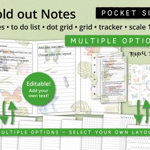May include: A set of printable pocket-sized note pages with multiple layout options. The pages feature a tropical theme with butterflies, toucans, and leaves. The text on the page reads "Fold out Notes" and "Multiple Options - Select Your Own Layout".