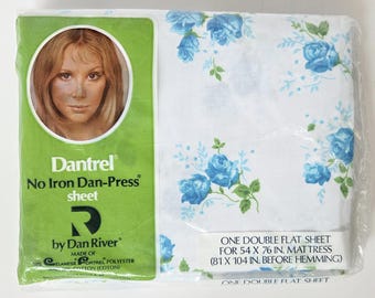 Vintage Dantrel Dan River Muslin Sheet Full Flat Sheet Double NOS Blue Roses NEW