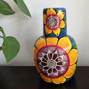 Mexican Tumble-Up Carafe Jug Pitcher & Cup or Vase Pottery Hand Crafted 7&quot;