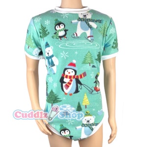 Cuddlz Short Christmas Mint Green Penguin Pattern Adult Onesie With Standard or Locking Lockable Zip -  Body Suit Romper For Men or Women