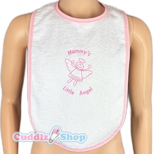 Cuddlz Adult Sized Little Angel Personalised White Towelling Bib Extra Large with White, Blue or Pink  Edging** customised with  your Text