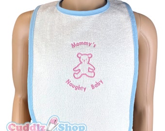 Cuddlz Adult Sized Personalised Teddy Bib - White Towelling Bib With White, Pink, Blue or Black Edging - ABDL Extra Large