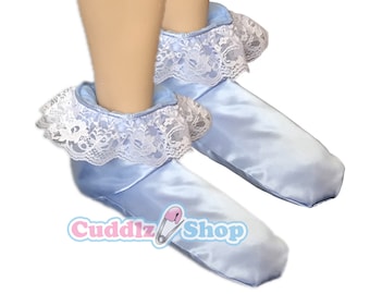 Cuddlz Blauw Satijn en Kant Volwassen Laarsjes Sissy Voor Mannen Vrouwen En Dames ABDL