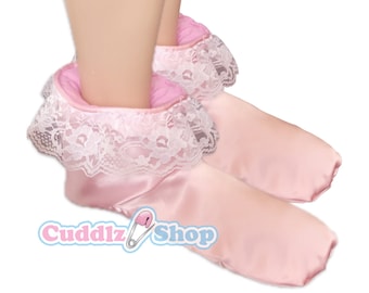 Cuddlz Roze Satijn en Kant Volwassen Laarsjes ABDL Sissy Voor Mannen of Vrouwen Of Dames