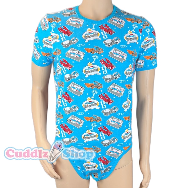 Cuddlz Blue Boys Toys Pattern Cotton Stretch Adult Short Onesie ABDL Romper Baby Grow Body Suit Unisex for Mens or Ladies