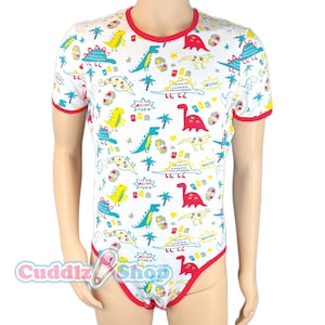 Cuddlz Red Dinosaur Pattern Cotton Stretch Adult Short Onesie ABDL Romper Baby Grow Body Suit Unisex for Mens or Ladies