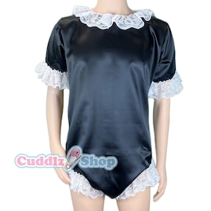 Cuddlz Sissy Black Satin lockable frilly Adult Sized onesie body suit ABDL Maid Look Costume Roleplay Cosplay