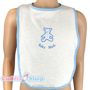 Cuddlz Teddy Design Adult Sized Personalised White Towelling Bib ABDL Extra Large - With choice of white, blue, pink or black edging