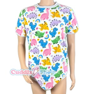 Cuddlz Short Colourful Cream Dinosaur Pattern Adult Onesie With Standard or Locking Lockable Zip -  Body Suit Romper For Men or Women