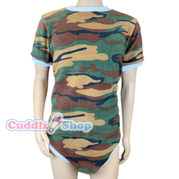 Cuddlz Short Green Camouflage Pattern Adult Onesie With Standard or Locking Lockable Zip -  Body Suit Romper For Men or Women