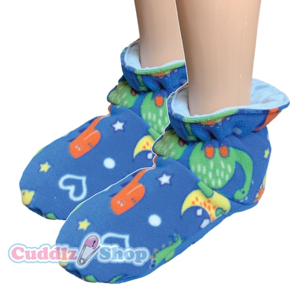 Cuddlz Blue Dinosaur Pattern Fleece Adult Sized Padded Booties - Small medium and large sizes - Unisex For Men Women or Ladies