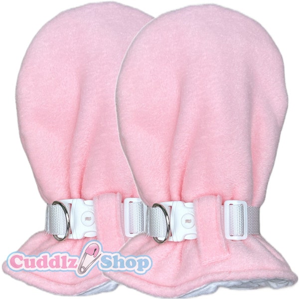 Cuddlz Pair of Pink Fleece Adult Sized Locking / Lockable Mittens Padded Gloves For Men or Women Unisex With Colour Choice Wrist Strap
