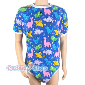 Cuddlz Short Colourful Blue Dinosaur Pattern Adult Onesie With Standard or Locking Lockable Zip -  Body Suit Romper For Men or Women