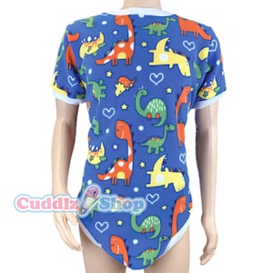 Cuddlz Short Blue Dinosaur Pattern Adult Onesie With Standard or Locking Lockable Zip -  Body Suit Romper For Men or Women