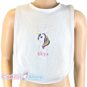 Cuddlz Unicorn Design Adult Sized Personalised White Towelling Bib ABDL Extra Large - With choice of white, blue, pink or black edging