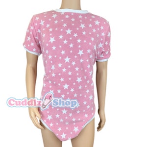 Cuddlz Short Pink Star Pattern Adult Onesie With Standard or Locking Lockable Zip -  Body Suit Romper For Men or Women
