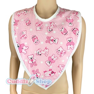 Cuddlz Adult Sized Pink Animal Pattern and White Terry Towelling Reversible Bib ABDL Extra Large
