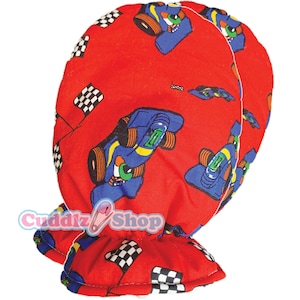 Cuddlz Bright Red Toy Racing Car and Flags  printed Cotton  Adult Baby Padded Mittens ABDL Gloves