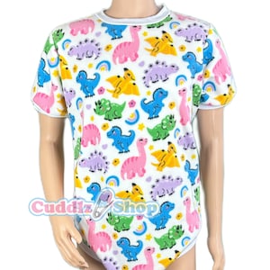 Cuddlz Short Colourful Cream Dinosaur Pattern Adult Onesie Crotch Fastening With Poppers - Body Suit Romper For Men or Women