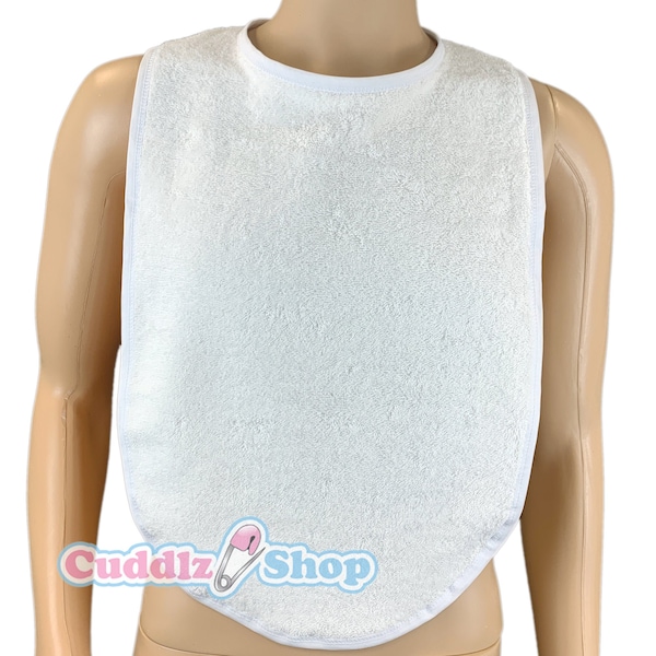 Taille adulte Cuddlz ** Blanc uni ** Bavoir en éponge ABDL Extra Large Choix de bordures colorées