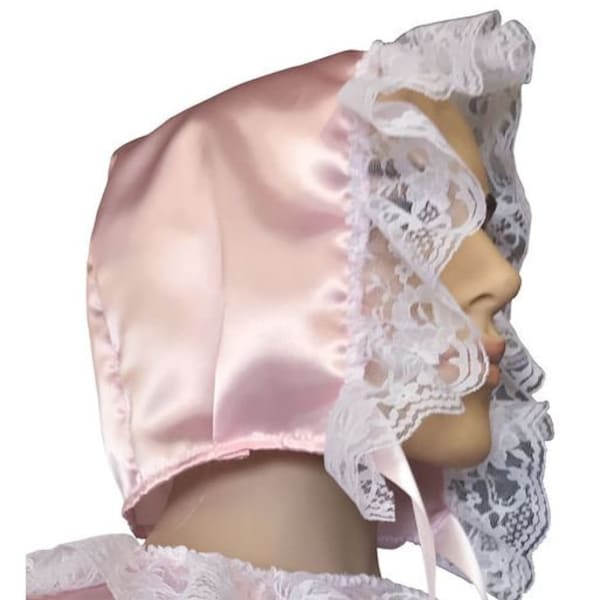 Cuddlz Pink Satin Adult Sized Frilly Lacy Bonnet