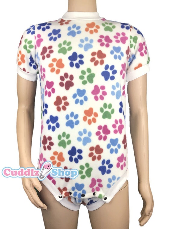 Cuddlz Short Paw Print Pattern Adult Onesie Crotch Fastening With - Technical View