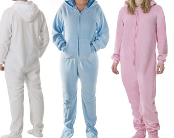 Adult Onesie All In One Fleece Footed Sleeper Pyjamas Romper Bodysuit for Men or Women Ladies Unisex ABDL in White Blue or baby Pink