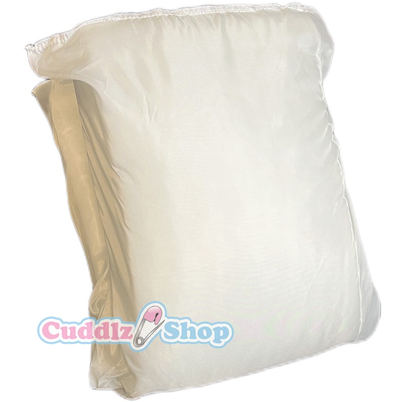 May include: A white pillow with a white and beige pillowcase. The pillowcase has a ruffled edge. The pillow is on a white background.