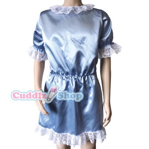 Cuddlz Satin Sissy Adult Baby Doll Dress in blue Shiny and Lacy zip fastening for big boys or girls