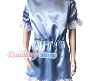 Cuddlz Satin Sissy Adult Baby Doll Dress in blue Shiny and Lacy zip fastening for big boys or girls