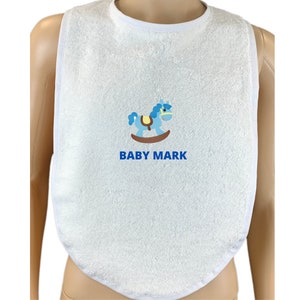 Cuddlz Adult Sized Personalised White Towelling Bib ABDL Extra Large with Rocking Horse  Embroidery Personalisation