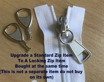 May include: White zipper with a silver locking slider and two silver keys. Upgrade a standard zip item to a locking zip item bought at the same time. This is not a separate item, do not buy on its own. Cuddlz Shop.