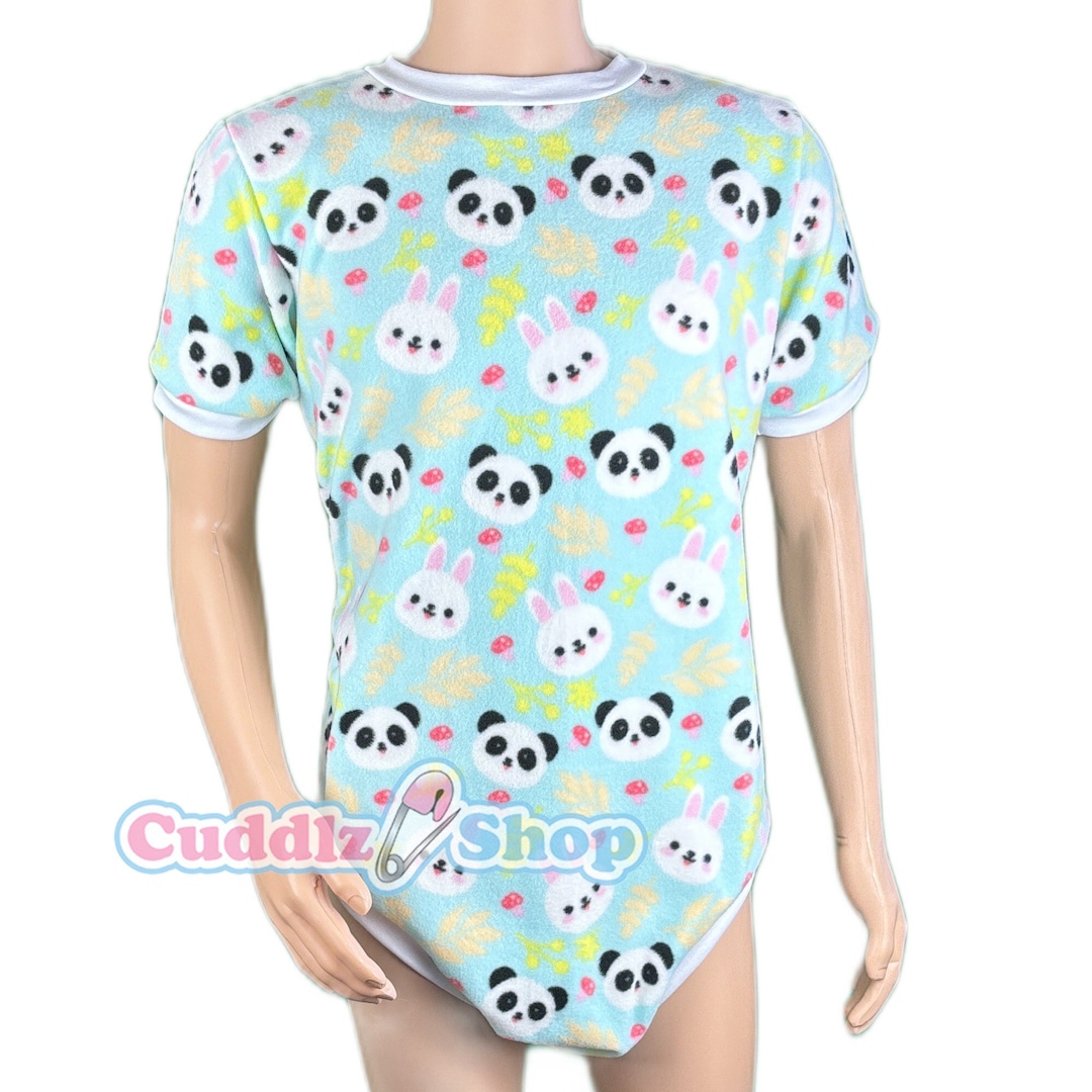 Cuddlz Short Mint Blue Panda and Bunny Pattern Adult Onesie With ...