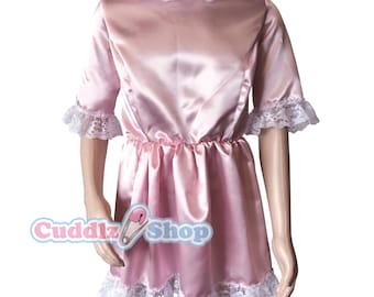 Cuddlz Pink Satin Sissy Adult Baby Doll Dress Zip fastening Shiny with lace for big boys and girls frilly