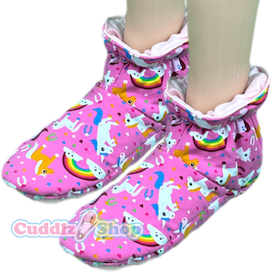 Cuddlz Pink Rainbow Unicorn Pattern Stretch Fabric Padded Adult Sized Booties Baby - Small medium and large Unisex For Men Women or Ladies