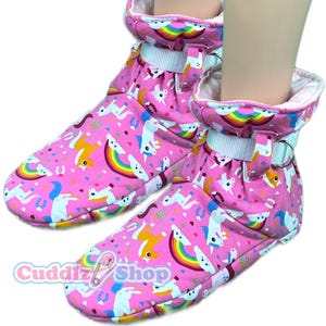Cuddlz Pair of Pink Rainbow Unicorn Stretch Adult Sized Locking Padded Booties Mens Women Unisex With Colour Choice of Lockable Ankle Strap