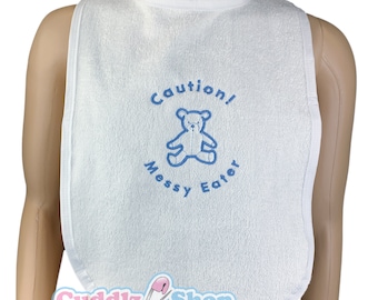 Cuddlz Adult Sized Caution Messy Eater Embroidered White Terry Towelling Bib ABDL Extra Large Choice of Edging White Pink Blue or Black