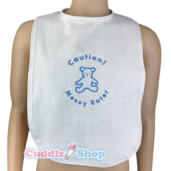 Cuddlz Adult Sized Caution Messy Eater Embroidered White Terry Towelling Bib ABDL Extra Large Choice of Edging White Pink Blue or Black