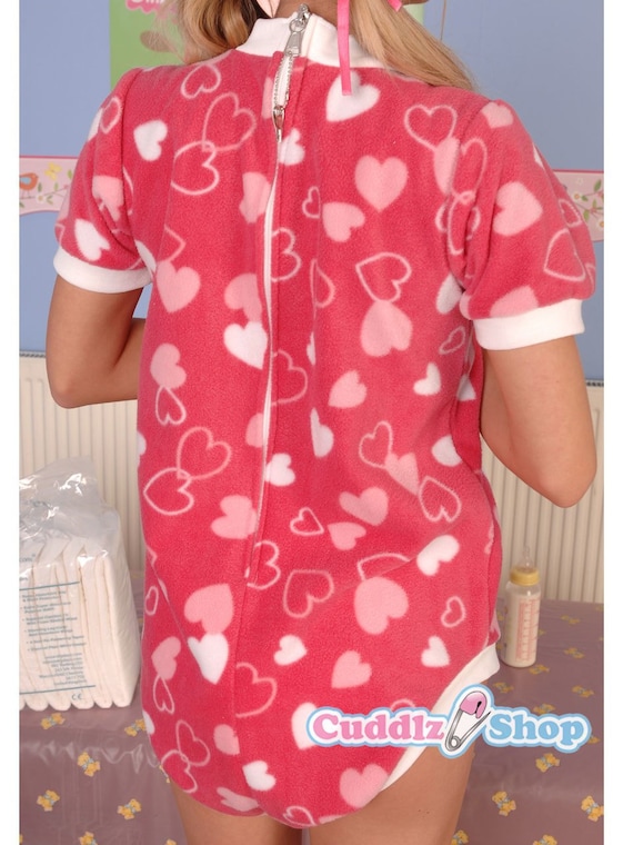 Cuddlz Short Pink Hearts Pattern Fleece Adult Onesie With Standard or Locking Lockable Zip Body Suit Romper For Men or Women