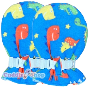 Cuddlz Pair of Blue Dinosaur Pattern Fleece Adult Sized Locking Lockable Mittens Padded Gloves Mens Womens Choice Wrist Strap