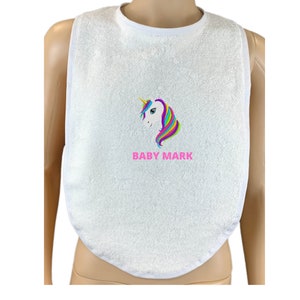 Cuddlz Adult Sized Personalised White Towelling Bib ABDL Extra Large with Unicorn Embroidery Personalisation image 1